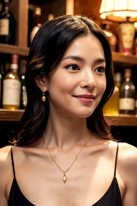 A sexy 35-year-old Japanese woman with an alluring gaze and a soft, teasing smile. Her long, wavy black hair cascades over her shoulders, with one strand gently tucked behind her ear. She wears a form-fitting black satin dress with a subtle slit, revealing...