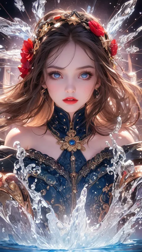  close-up of a beautiful woman's face ,  bewitching expression, Sharp face,  blue eyes, red lips,  majestic artistic look , water pouring on her face , Super Detail,  perfect composition