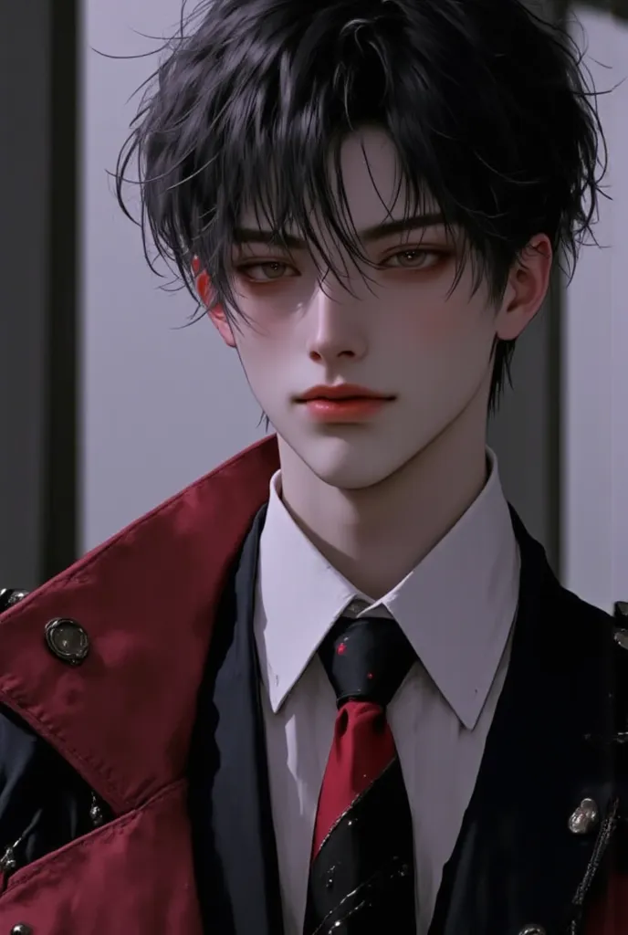 (masterpiece), (best quality), 1man, solo, male, middle part hair, black hair, dreamy amber eyes, chiseled jawline, muscular, modern student, modern uniform, arrogant, confident, playful, unbothered, mighty, classroom background, forehead, majestic, aesthe...