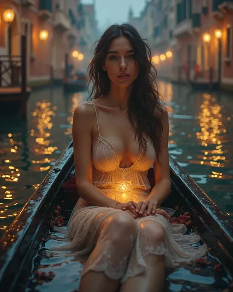 A fine art oil painting of a confident woman with radiant skin, HER BARE BODY floating in a Venetian gondola at twilight, surrounded by the soft glow of lanterns reflecting on the water.