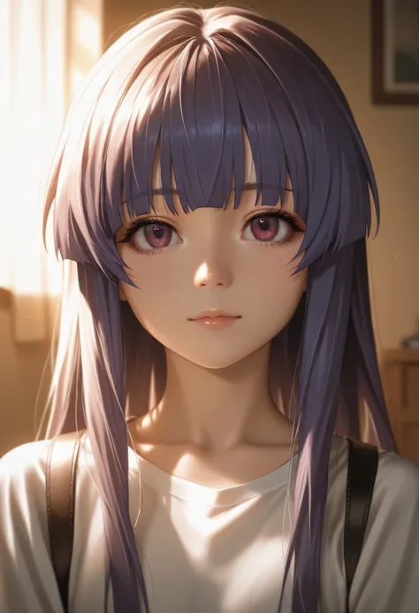 masterpiece, best quality, vibrant, very aesthetic, high contrast, photorealistic portrait,beautiful detailed face,detailed texture,detailed skin, newest, 1girl,Higurashi: When They Cry,source_Higurashi: When They Cry,rika furude,shirt,room,realistic light...