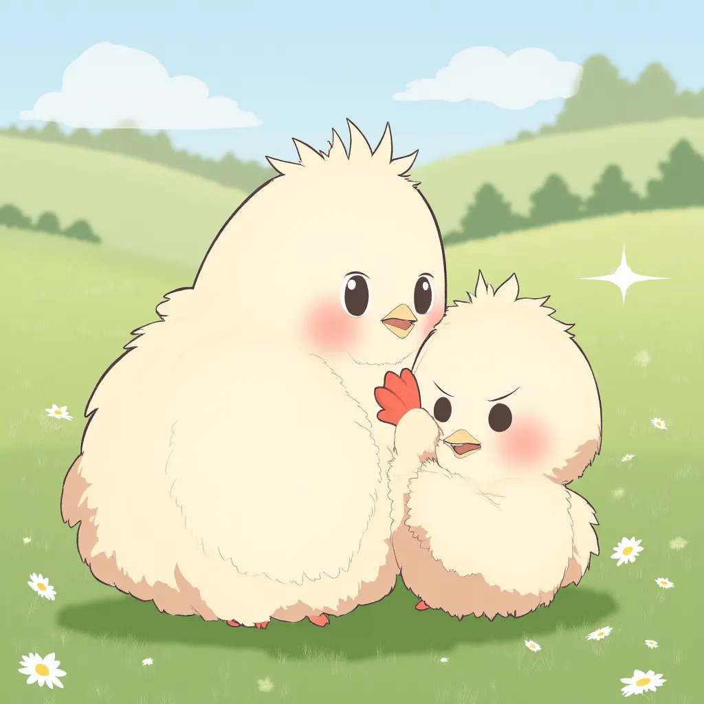 cute anime chibi chicken with her mother playing