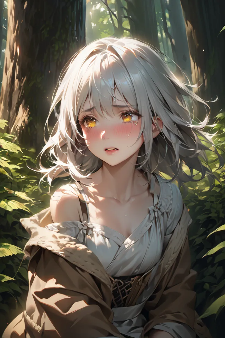 Bust up composition of a woman sitting in a forest where gentle sunlight shines in。White hair shortcut with yellow eyes、Blushing and tearful eyes 。BEST QUALITY ILLATION 、 realistic texture and color 。HIGH QUALITY。