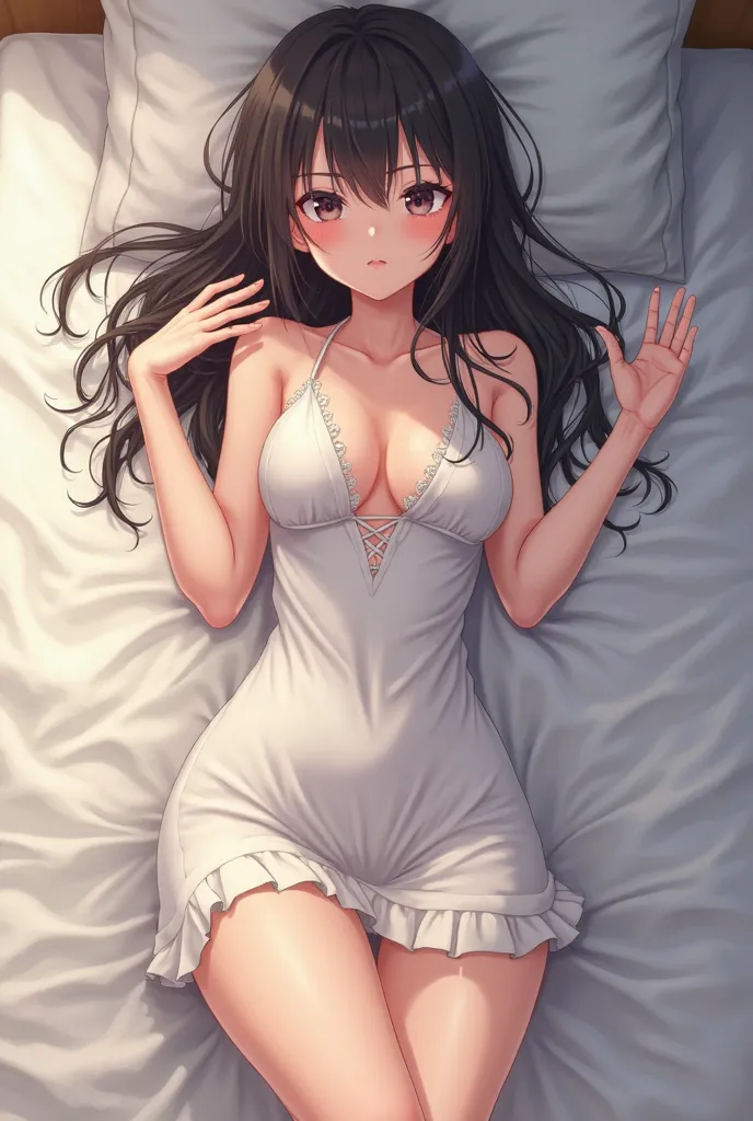 Exhausted anime girl wears a sexy dress on the mattress and raises both hands 