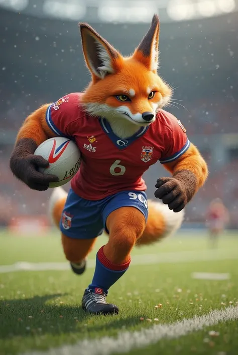 A muscular fox in a red-blue uniform who plays rugby 