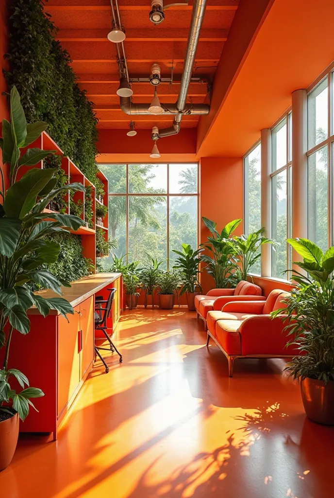 Create an office interior. The main color is orange using greenery