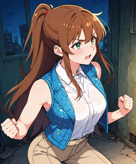 beautiful sexy anime girl with very long brown hair, wearing white sleeveless button up collared shirt with a blue quilted open vest over it & beige khaki pants, clenching her fists, idle fight pose, inside of a abandoned urban factory in a dark night sky,...