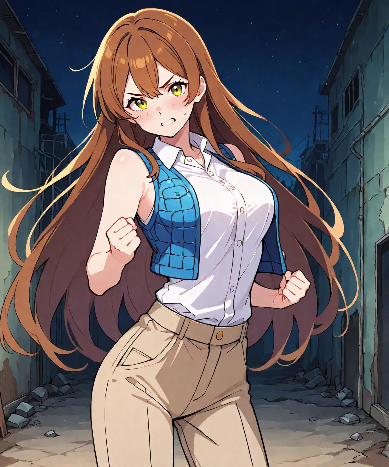 beautiful sexy anime girl with very long brown hair, wearing white sleeveless button up collared shirt with a blue quilted open vest over it & beige khaki pants, clenching her fists, idle fight pose, inside of a abandoned urban factory in a dark night sky,...