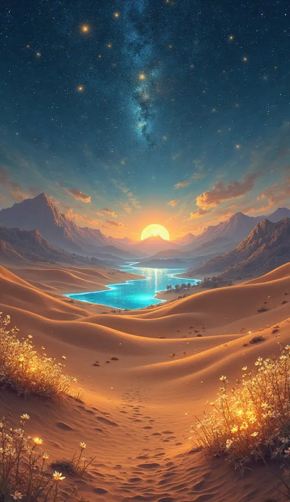 A discolored expanse of golden sand following the movement of stars in the sky. Every night, luminous flowers bloom in the desert, creating a stunning luminous landscape.  In the distance , a hidden oasis with water that shines like sapphire, where trees w...