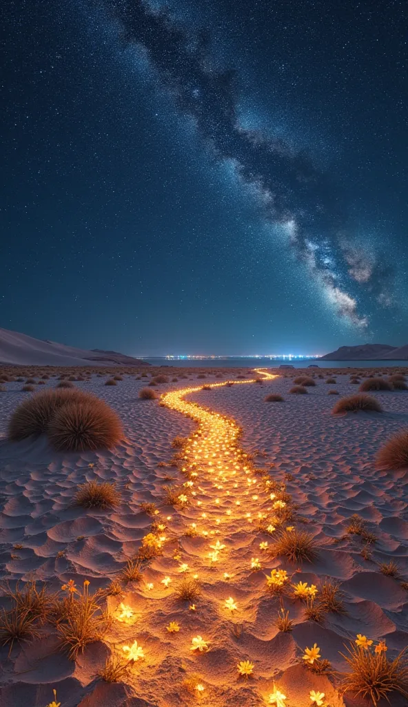 A discolored expanse of golden sand following the movement of stars in the sky. Every night, luminous flowers bloom in the desert, creating a stunning luminous landscape.  In the distance , a hidden oasis with water that shines like sapphire, where trees w...