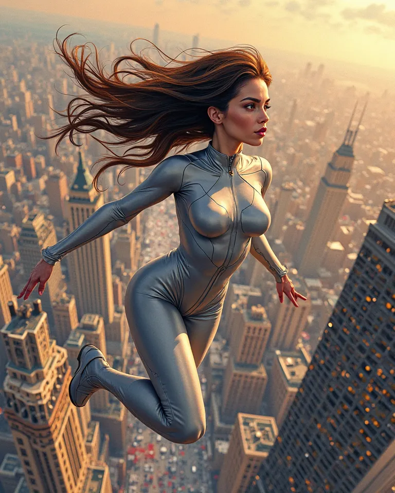 handpainting comic, a woman, dark brown hair, full silver bodysuit,  flying over new york, daylight