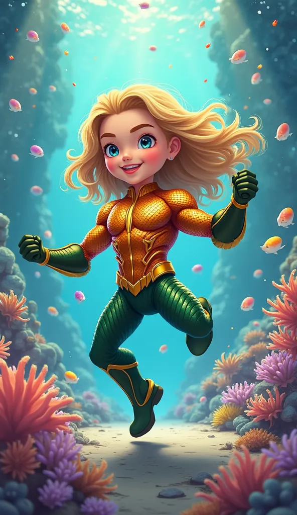 "Create a semi-realistic chibi-style artwork of Aquaman, inspired by the original movie, long hair and wearing his iconic gold and green suit. Depict him dancing in a K-pop style, full of energy and fluid movement. Set the scene in a vibrant underwater fan...