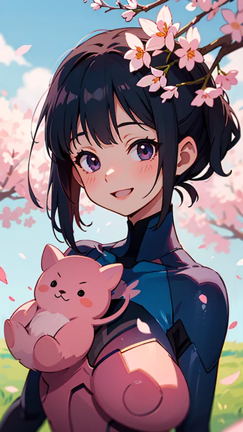 one girl、 anime style painting、Dark blue black hair、side ponytail、smile、Laugh together、upper body close-up、armor、bodysuit、perfect fit for the skin、perfect lighting、Park with cherry blossoms、background blur、Write boundary depth