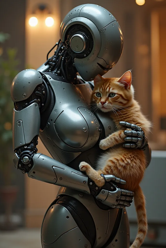 big breast female robot hugging a cute cat, cat ears, robot body, sensual, hot, cute, 64k,uhd,best quality, masterpiece, taken with nikon d850