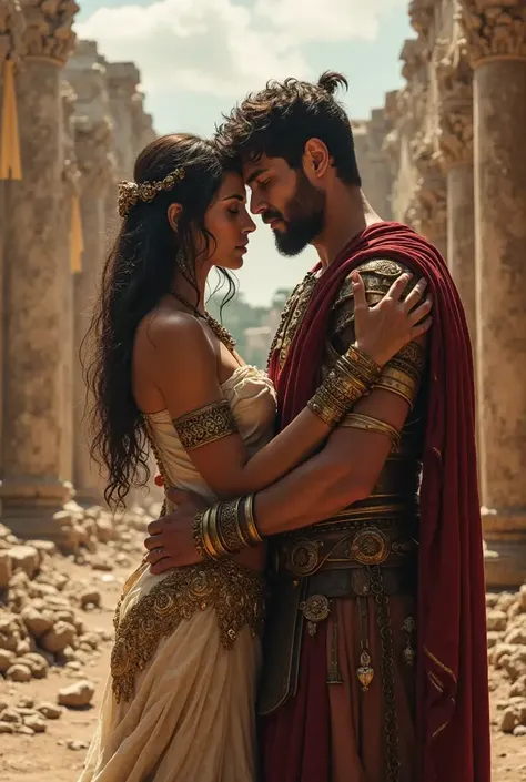 Greek soldier hugs a girl in a red dress 