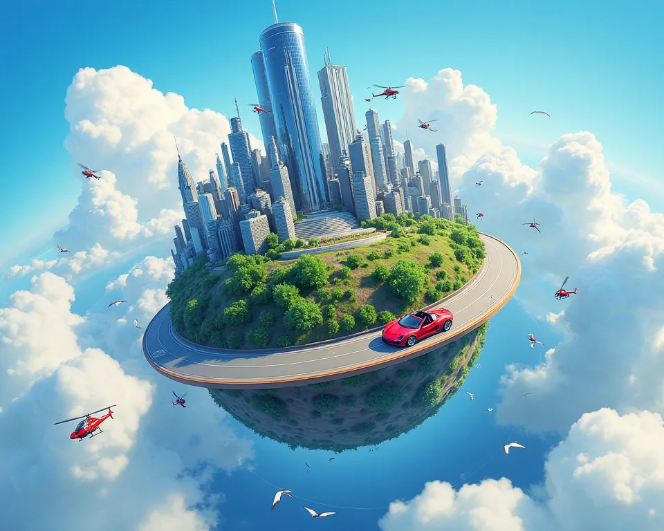 Pixar-style illustration of a futuristic city on a tiny spherical planet, with roads, trees, and skyscrapers wrapping around its curved surface. A huge reflective skyscraper dominates the skyline, surrounded by high-tech futuristic buildings. A red sports ...