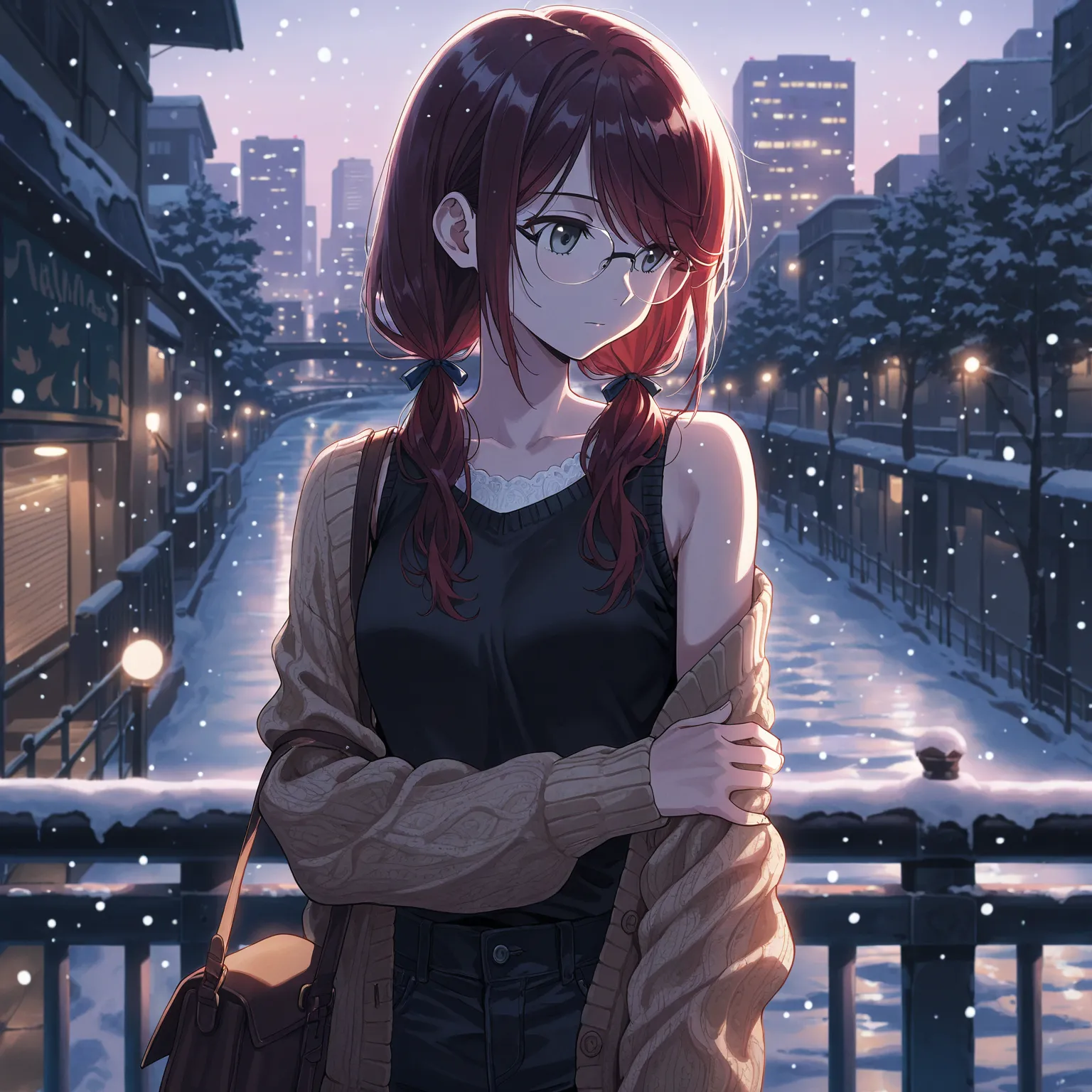  Masterpiece, best quality, amazing quality, , thin, stoic, walking, satchel, holding own arm, resting head on own shoulder, gray eyes, swept bangs, dark red hair, low twin tails, hair ribbons, white knitted cardigan, black sleeveless sweater, glasses, bla...