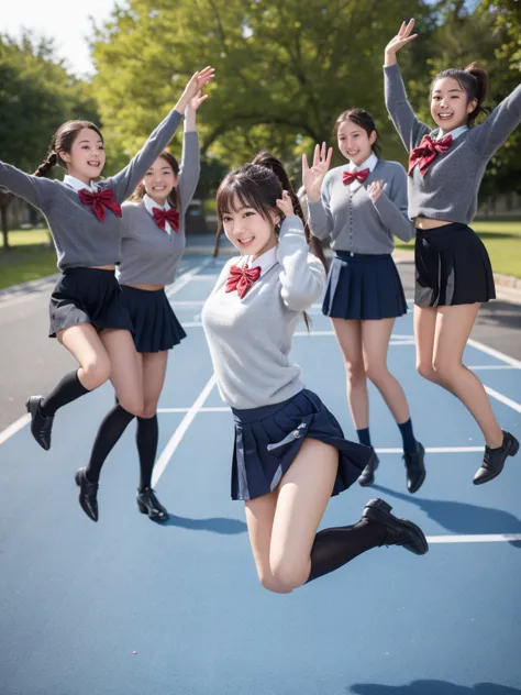 masterpiece,best quality,4k,(cowboy shot:1.4),Femele beautiful Japanese 16-18years-old girls, 4girls, brunete, skinny, thin, ,braid,bangs,school uniform,(grey sweater),emblem, collared shirt,long sleeves,pleated miniskirt,outdoors,standing,smile,group of g...