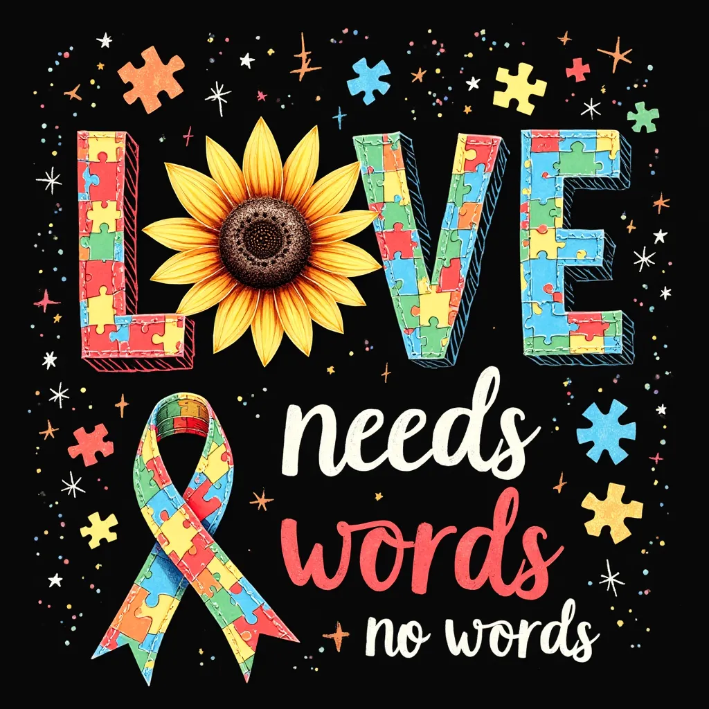 "Hand-drawn, playful autism awareness design on a black background. The word 'LOVE' is in large, impactful 3D letters filled with vibrant puzzle piece patterns. A bright sunflower replaces the 'O,' symbolizing warmth and positivity. The word 'needs' is in ...