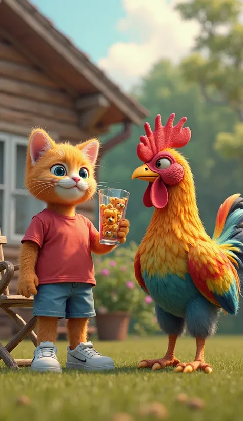 in cinematic 3D style, 4K image ,realistic image ,colourful image.
character, Orange kitten cat wearing red t-shirt and blue shots and white sports shoes.
character, big chicken golden blue and yellow and green mix colour chicken
Action, There is a house, ...