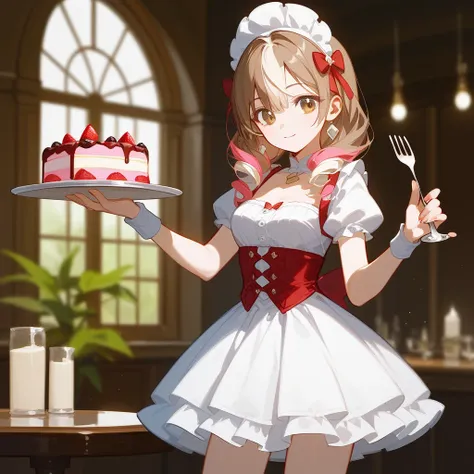 Mont Blanc cake image、Montblanc chestnut on the head、Montblanc-shaped prevention、dress made of lots of strings、Knee-length dress、round design dress hem、brownのドレス、cream colored hair、brown、 standing picture、A girl with a chestnut cake motif、Solo Illustration...