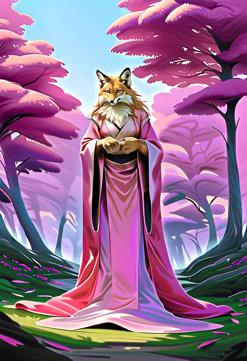 chica furry fox, hairy body, long hair, japanese clothes, kitsune, pink color palette, full body symetric