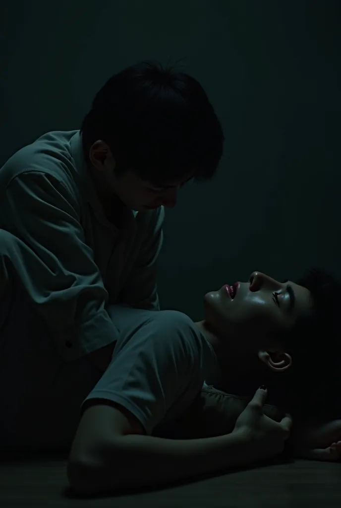 Korean guy is lying on the floor, another Korean guy is sitting on his thighs, side photo in the dark