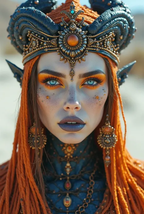 Closer Shot of a  Beautiful Real Looking Woman a Demonic Scorpio Queen,  her face pale , Gothic make up,  long thick Eyelashes, Kissable Blue Mouth, Orange eye Shadow, Black Scorpio Skin Covering her Body and the  top of her Head , Cool unusual Crown on he...