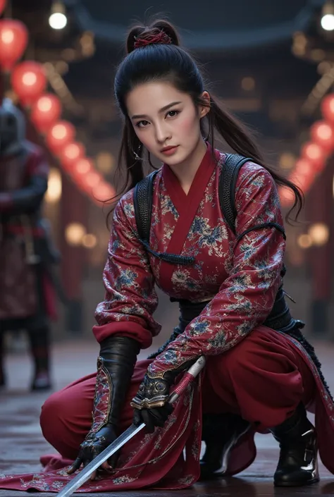 (Close up). A battle scene in which a sexy female ninja lands in metalic red、Place one hand on the floor and hold the wuxia long sword horizontally in front of your face.、Intricate chain mail that fits the body perfectly、sexy， Serious Eyes、Low fighting sta...