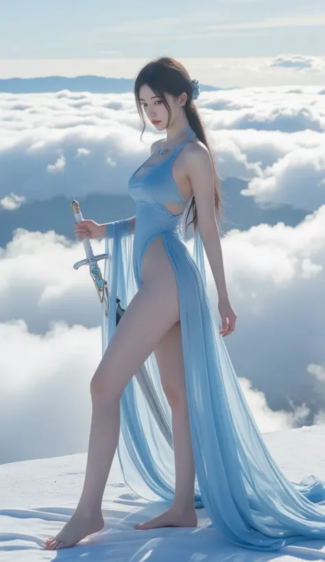 She is wearing a long light blue yarn dress that is as thin as the wings of a cicada， body ratio ，and her waist is slim and slim， long and straight legs 。with long black hair like a waterfall that flies freely with the wind，with several light blue gemstone...