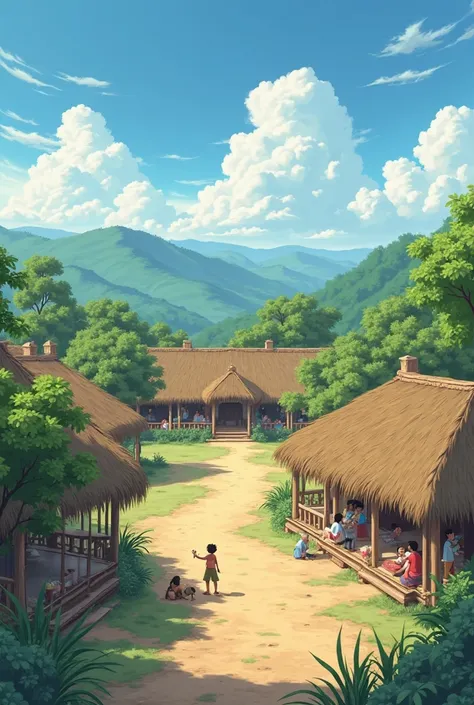 2d ghibli style Indian empty village background for animation. Eye level angle and 16:9 aspect ratio