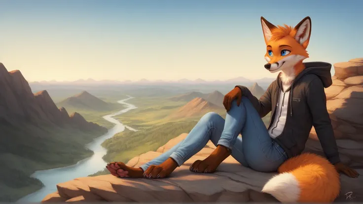 (pinup),  anthro, male, One,  half body , dogs , (fox:1.1),  smiling , digitally shaped ,   barefoot,  jeans, (landscape:1.1), digital art, (flat colors:1.2), ( by adios , by k-9 ,  by paintfox :.8), by delirost, by tritscrits, (detailed wool,detailed wool...