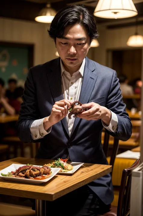 businessman Park Chan-Wook eating octopus in restaurant. camera in background