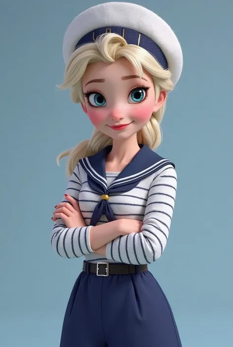 Elsa from Frozen　　 marine look　 captain hat　　Sailor　Dark blue sailor pants　summer　　white and dark blue striped shirt