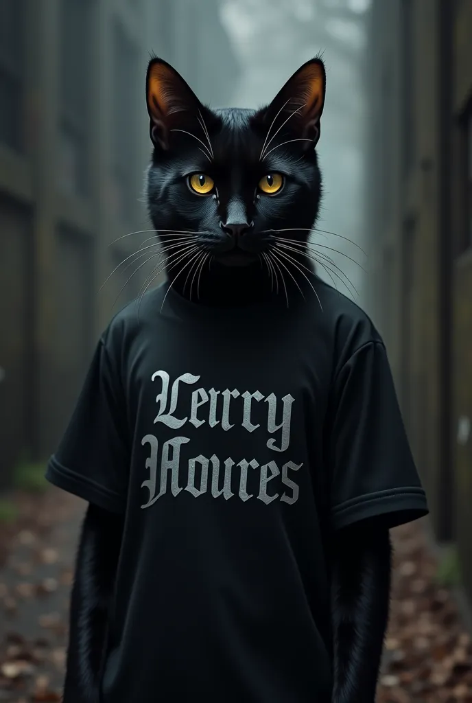 Black cat with aliver lettering on a t-shirt