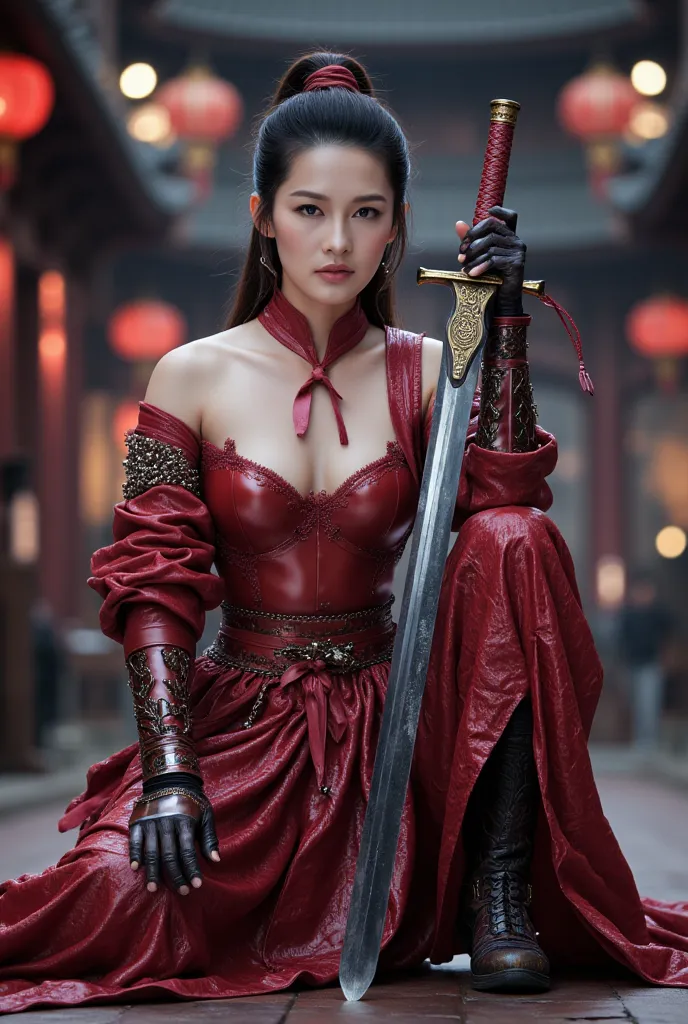 (Close up). A battle scene in which a sexy female ninja lands in metalic red、Place one hand on the floor and hold the wuxia long sword horizontally in front of your face.、Intricate chain mail that fits the body perfectly、sexy， Serious Eyes、Low fighting sta...