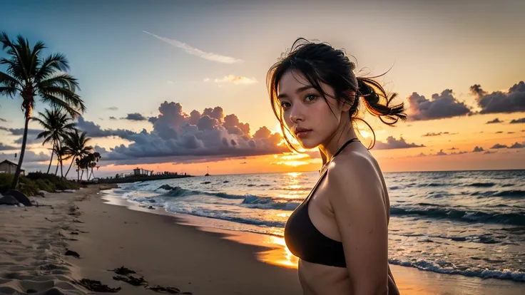 Highest quality, masterpiece, Ultra High Definition, ( realistic:1.4), original photo ,1 person,woman,Sunset,beach with palm trees in the background
