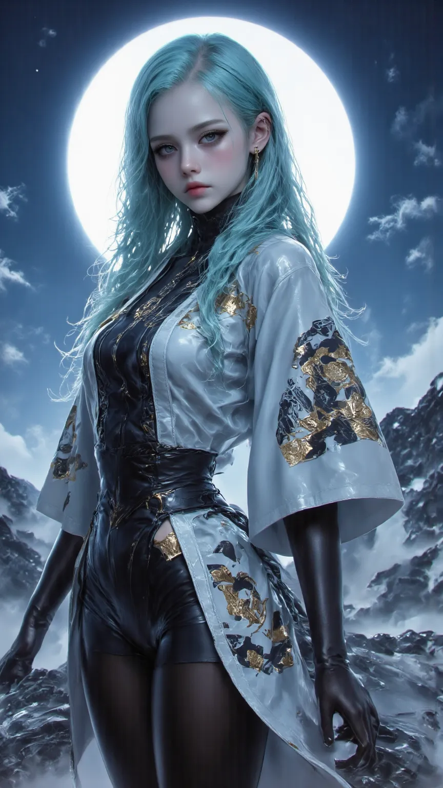 「 4K Anime-Style Image ， Digital Drawing Mode ，A quiet and elegant practitioner，With long sky-blue hair，Gentle blue eyes，wearing a tight-fitting flag robe with gorgeous gold and a cloud pattern，standing at the top of the hill of Duke Wencastle in the moonl...