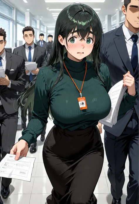 BREAK, 1girl, long hair, straight hair ,crossed bangs, (black hair), troubled eyebrows, (tareme:1.4), dark green eyes ,detailed, (large breasts), (dark green turtleneck sweater), (Black long skirt) ,Black stocking,orange string tag worn around the neck,flu...