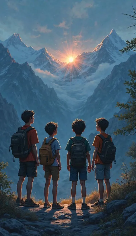 4 boys Age (25) are shocked to see the light on the hill. Background mountain.