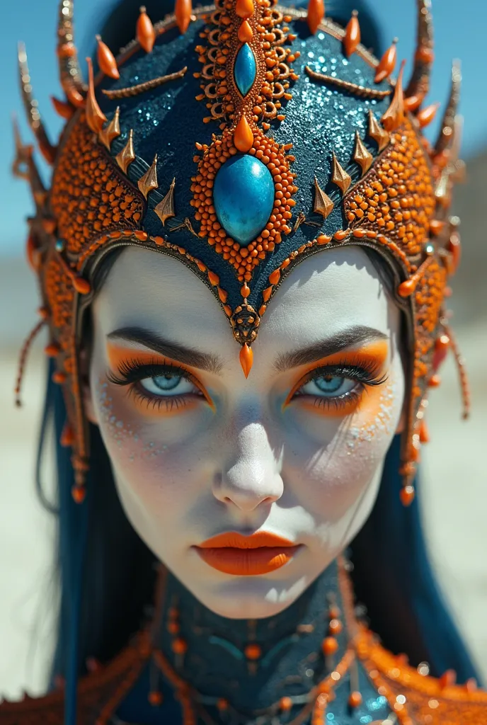 Closer Shot of a  Beautiful Real Looking Woman a Demonic Scorpio Queen,  her face pale , Gothic make up,  long thick Eyelashes, Kissable Bibrant Blue Mouth, Orange eye Shadow around her eyes, Black and Blue Scorpio Skin Covering her Body and the  top of he...