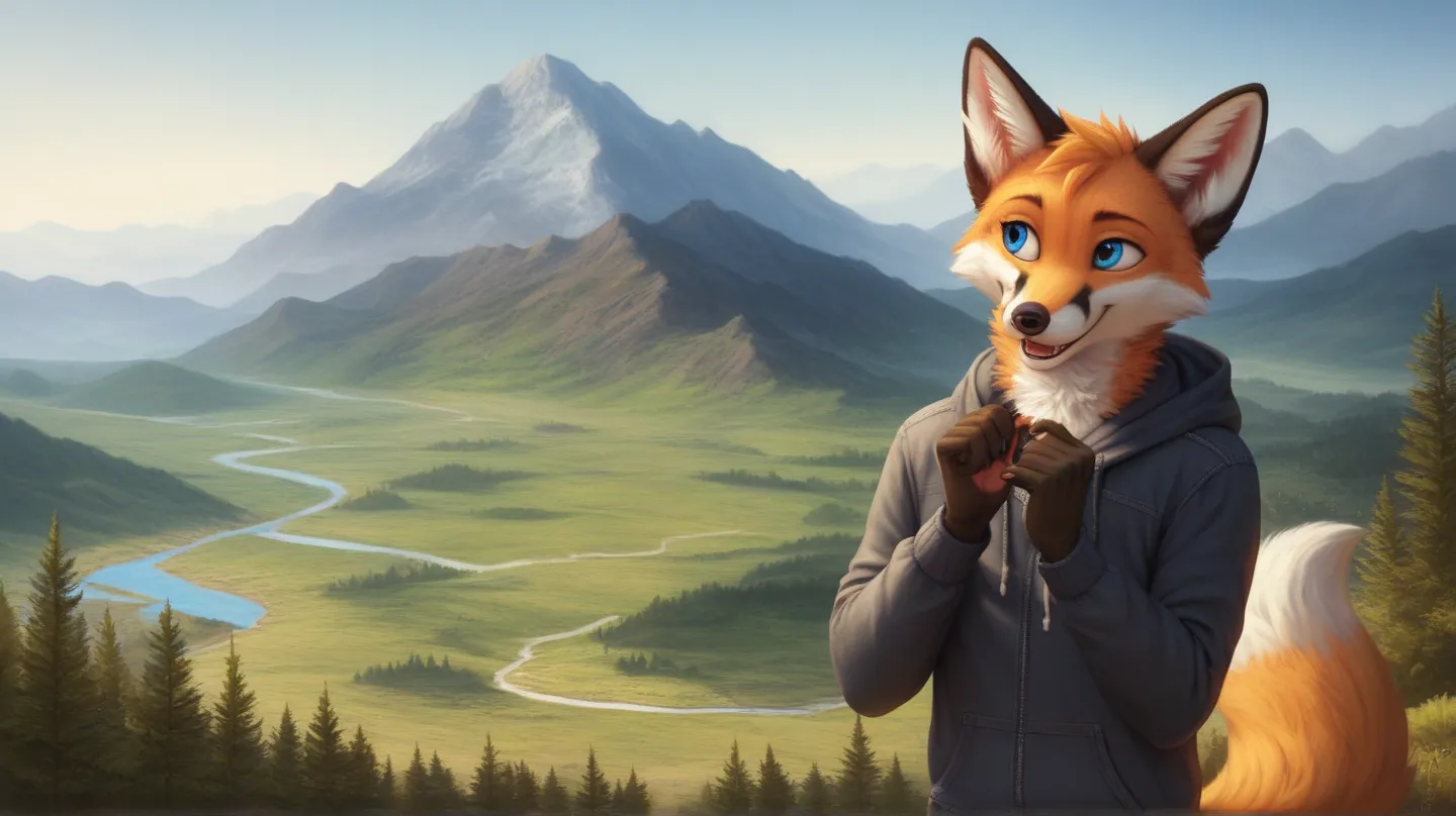 (pinup),  anthro, male, One,  half body , dogs , (fox:1.1),  smiling , digitally shaped ,   barefoot,  jeans, (landscape:1.1), digital art, (flat colors:1.2), ( by adios , by k-9 ,  by paintfox :.8), by delirost, by tritscrits, (detailed wool,detailed wool...