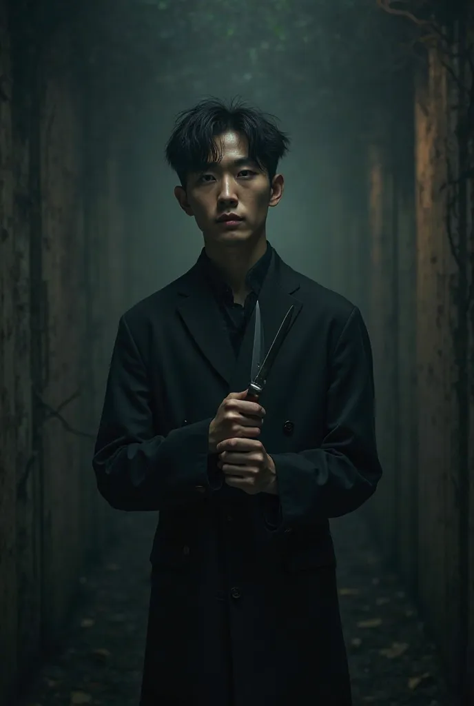 Korean guy standing with a knife in his hands, he smiles sweetly , photo in the dark