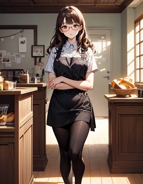 Detailed expression、 Comic Style、（masterpiece：1.2、Highest quality）、   beautiful illustrations、Light and Dark、 Anime Woman 、（nationality：1.1）、A thirty-eight-year-old housewife（age：1.2）、With a shirt、I'm wearing a dark brown tight skirt、pale green floral apro...