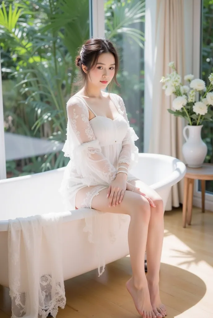 a young woman sitting elegantly on the edge of a white vintage bathtub. She is wearing a delicate white lace outfit with sheer, flowing sleeves, and the fabric drapes gracefully onto the floor. Her hair is styled in a loose, elegant updo adorned with small...