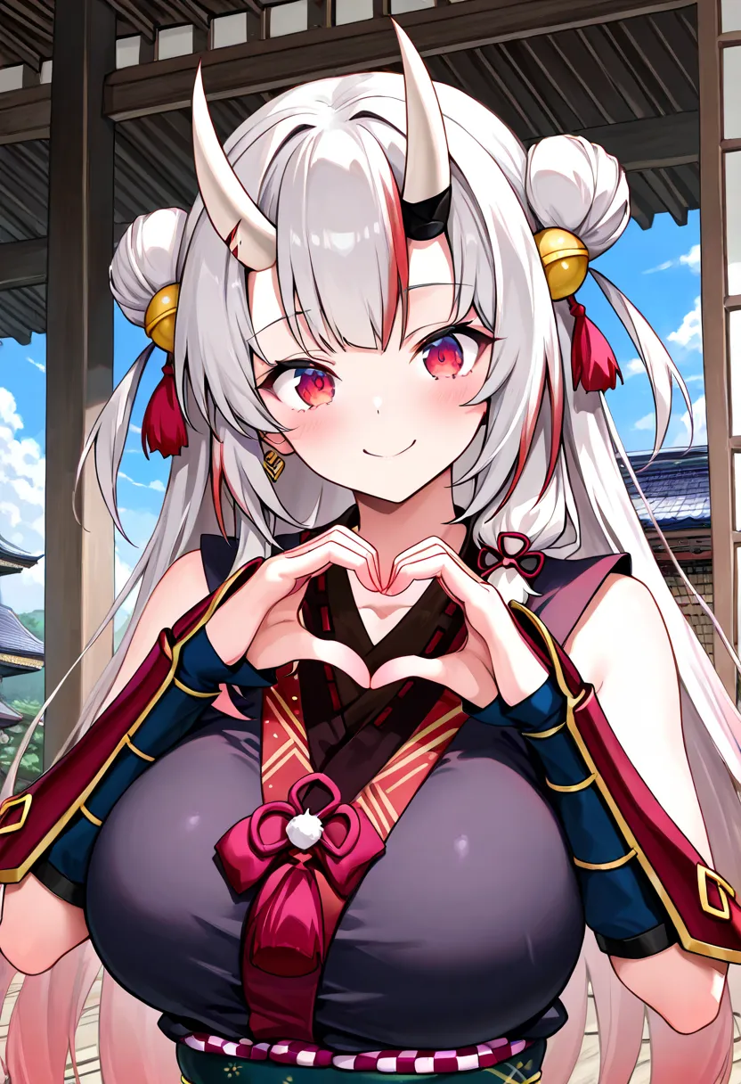 (Highest quality , 8k , masterpiece , incredibly absurdres , perfect body , super detailed skin , highly detailed eyes and face , 1 woman ) ,  nakiri ayame , Silver Hair , red eyes , demon horn , smile ,  will be happy , ( ninja , sleeveless , japanese clo...