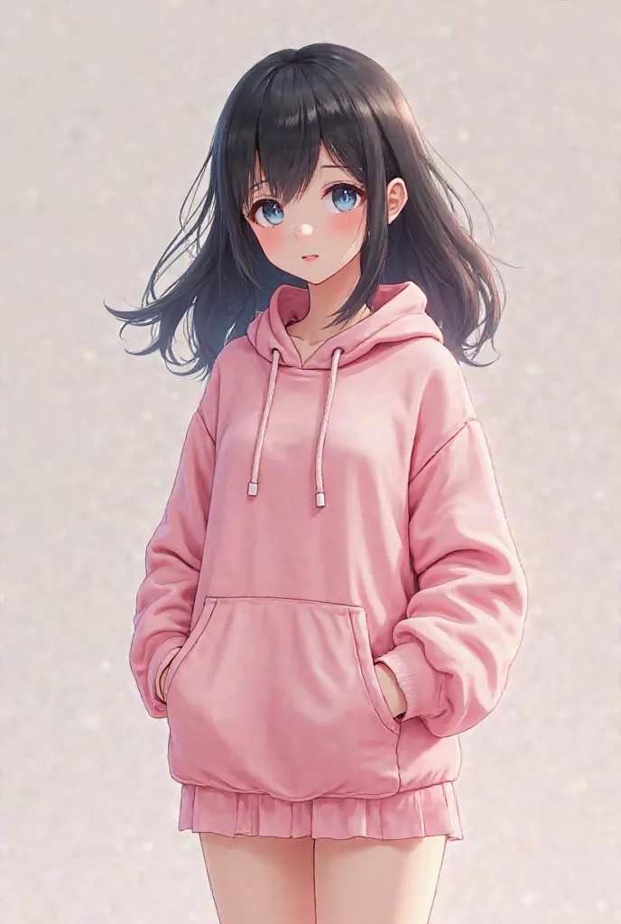 3D Images。has a semi-long black hairstyle。neat cute girl、eye color is sky blue、 false lashes、Slight makeup、Oversized pink hoodie and miniskirt。