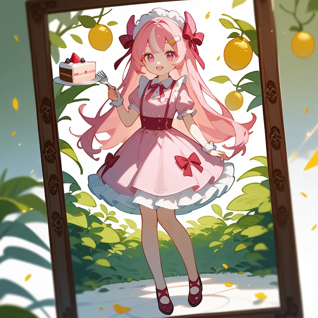  cute girl、dress made of lots of strings、Knee-length dress、round design dress hem、pink dress、cream colored hair、 pink gradation、 standing picture、Solo Illustration、A girl with a big golden fork、A cake the same size as a girl、cute composition