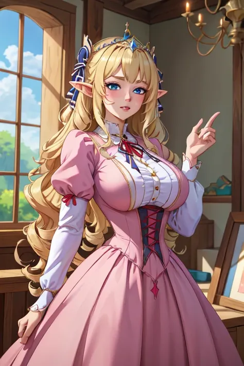 (masterpiece, best quality, absurdres, 4k, aesthetic, detailed, intricate),1girl,nikkecrwn,tiara, hair ribbon, long blonde drill hair, drill locks, Oppulent historically accurate victorian dress, loli in dress, alluring elf princess knight, Cute anime waif...