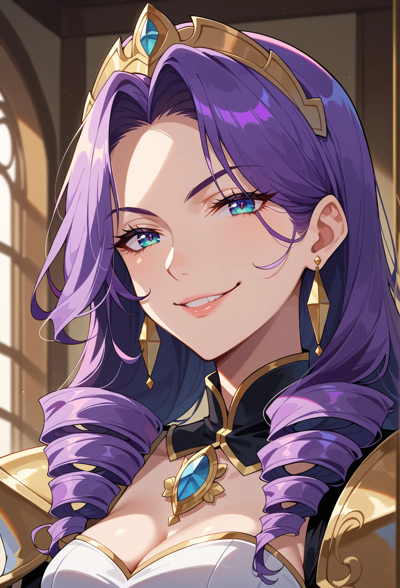 счет_9, счет_8, счет_7, источник_аниме, Rose knight armor of purple colour, 1 woman, excellent shapes, Alone, earrings, jewelry, long drills hairs, looking on viewer, smug face, elegant pose, with rapier, 